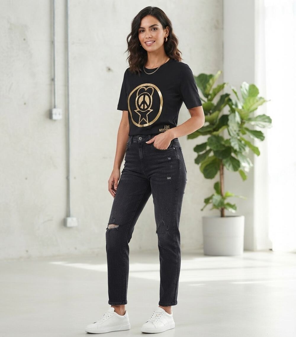 Love Moschino Black Gold Graphic T-Shirt Peace Heart Star Logo Tee Size 8 IT 44